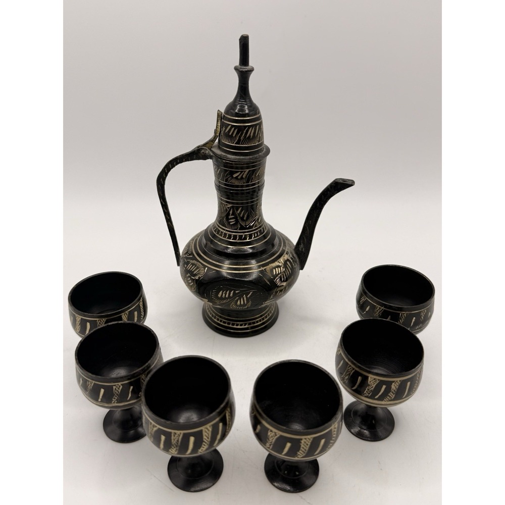 Vintage 7 Piece Set Etched Brass Tea Pot Black Gold